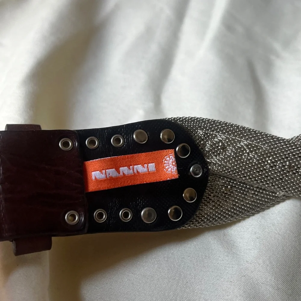 Nanni Italy Silver Mesh Leather Studded Belt 85/32 Brown Made in Italy